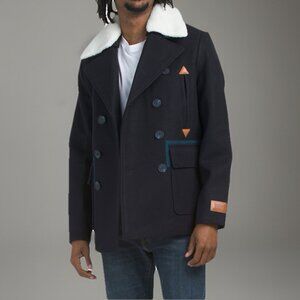 NEW SCOTCH & SODA Wool Blend Izak Peacoat With Contrast Detail, Removable Collar